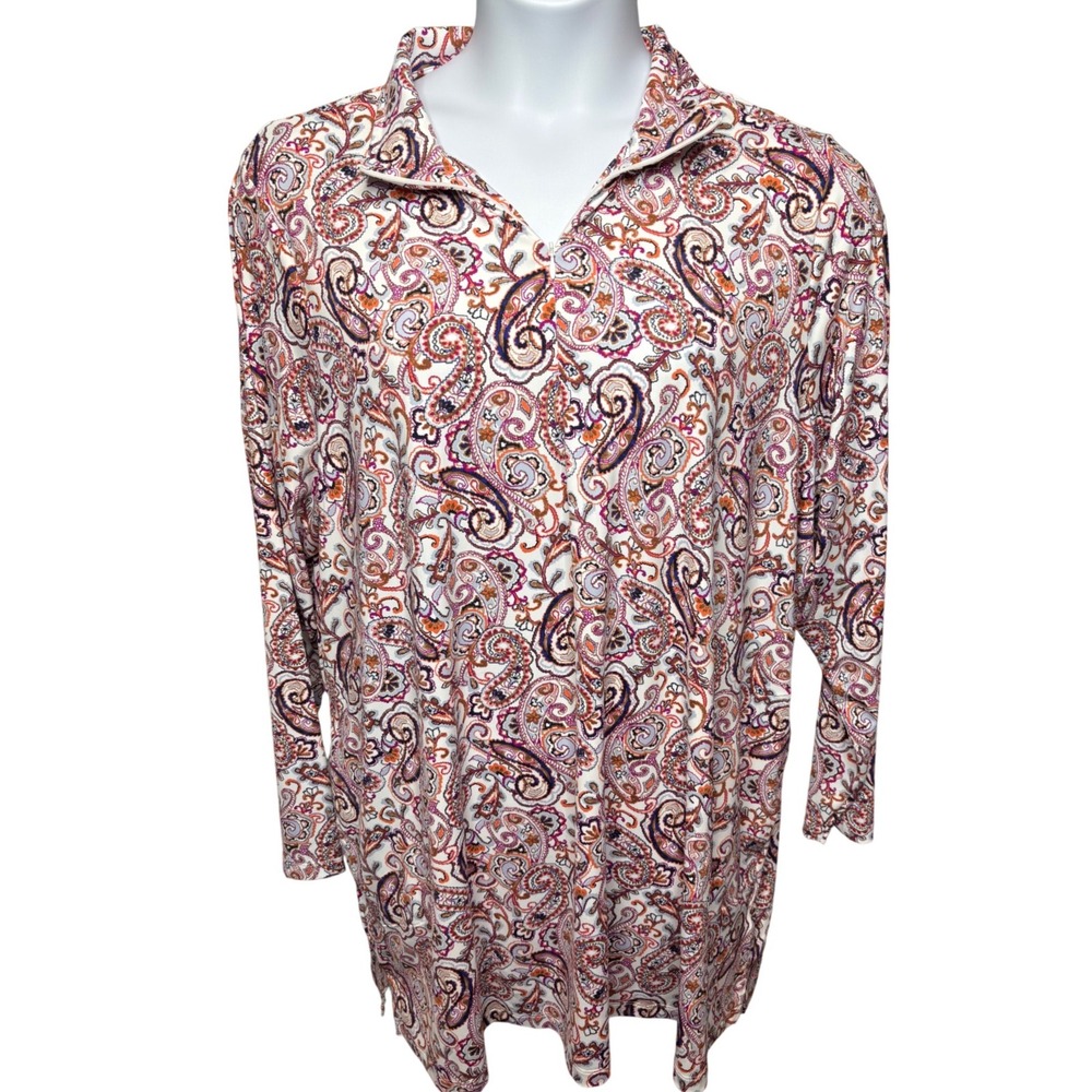 LANDS' END Womens Multicolor Paisley Quarter Zip Long Sleeve Tunic 2X Preppy